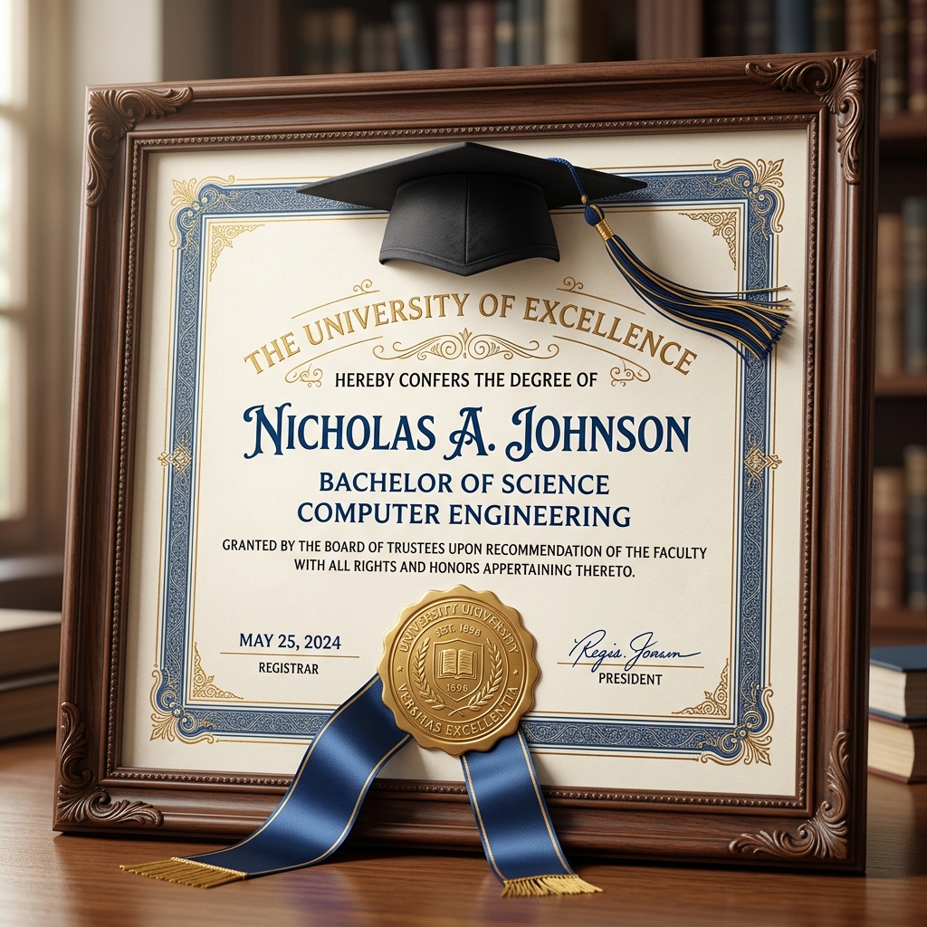 Academic attestation certificate with official gold wax seal and graduation cap