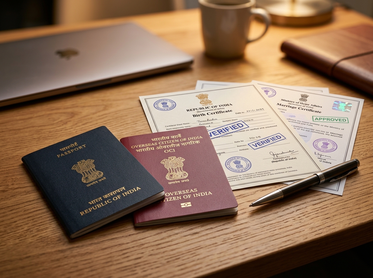 OCI card and Indian passport alongside verified birth certificate documentation