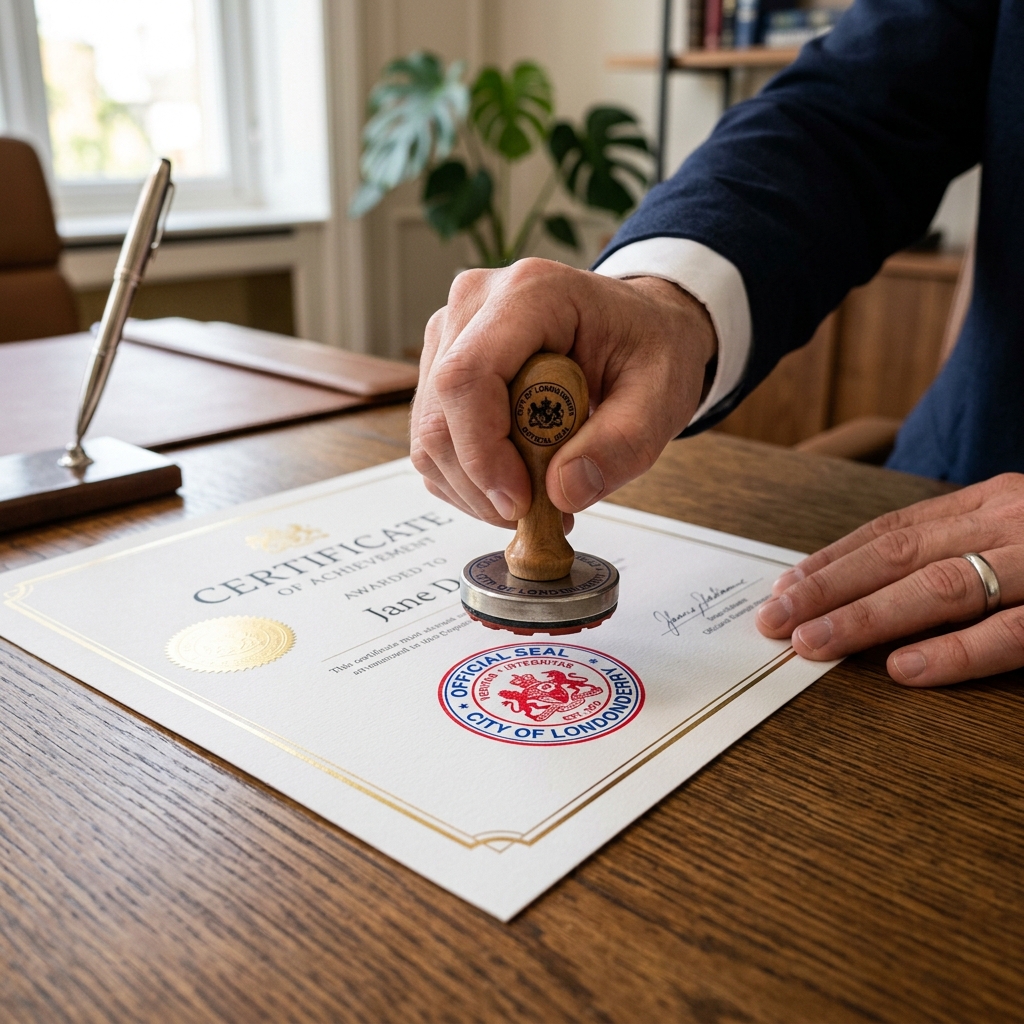 Hand stamping a certificate as part of the Kuwait embassy attestation process