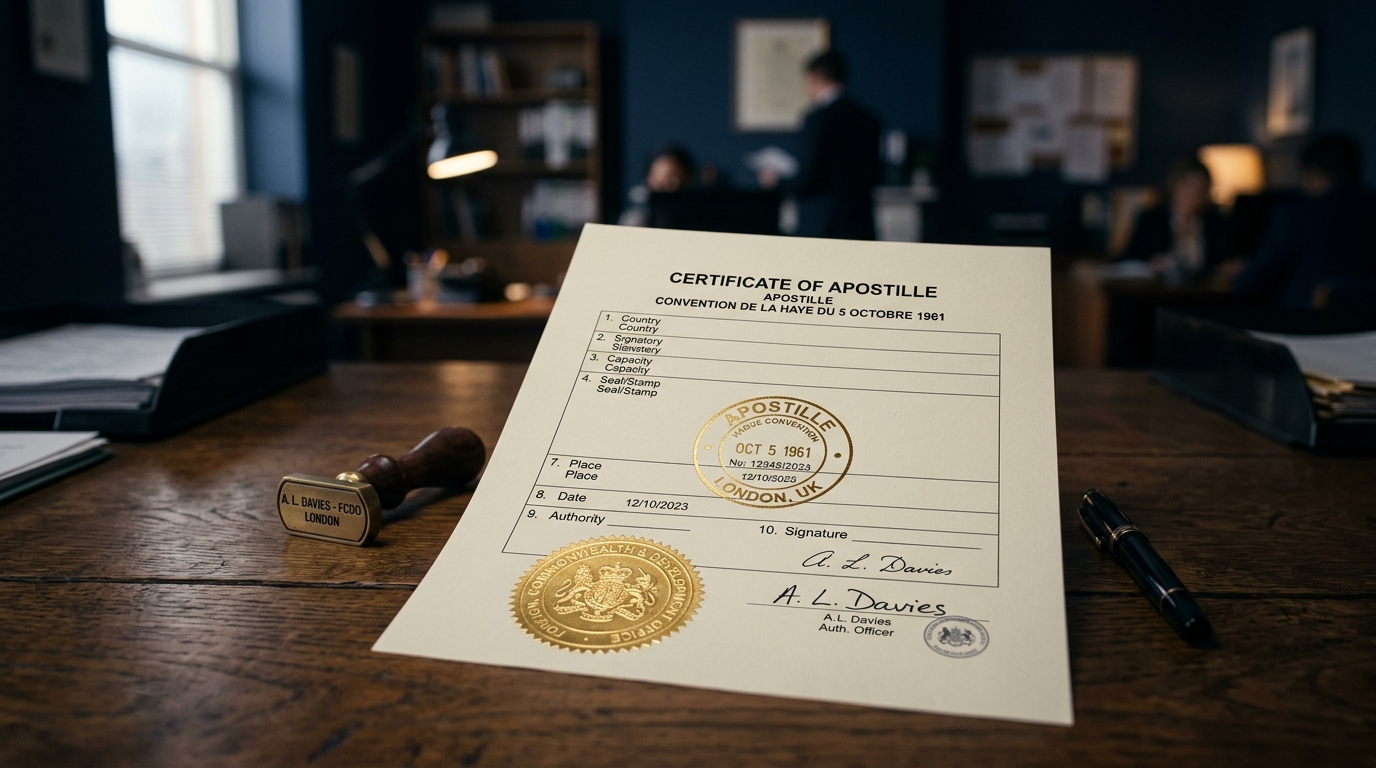 Certificate of Apostille document with gold seal on an office desk