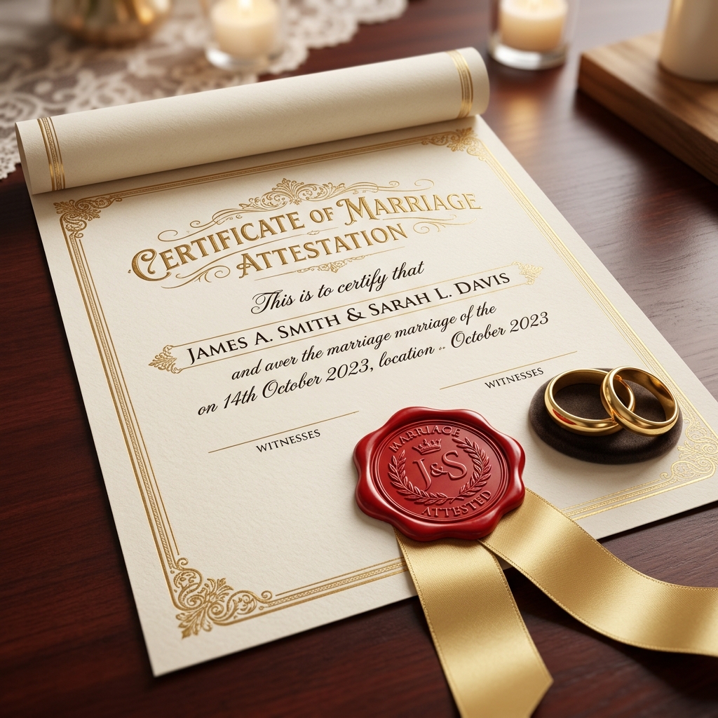 Marriage attestation certificate with gold wedding rings and gold wax seal